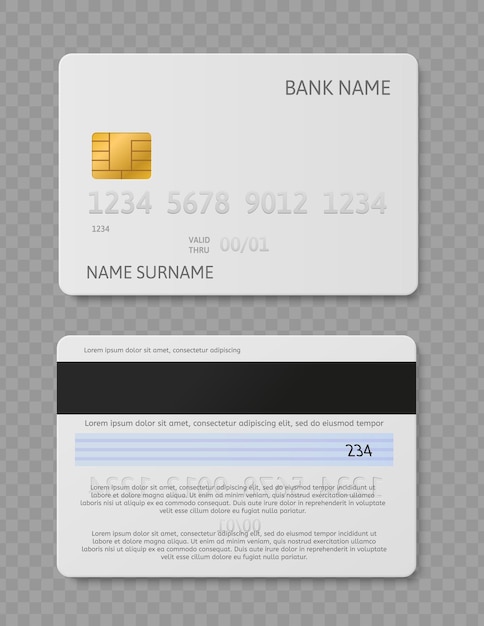 Vecteur carte de crédit blanche. cartes en plastique réalistes avec maquette de vue avant et arrière de la puce. concept de finance bancaire de vecteur de paiement bancaire de sécurité