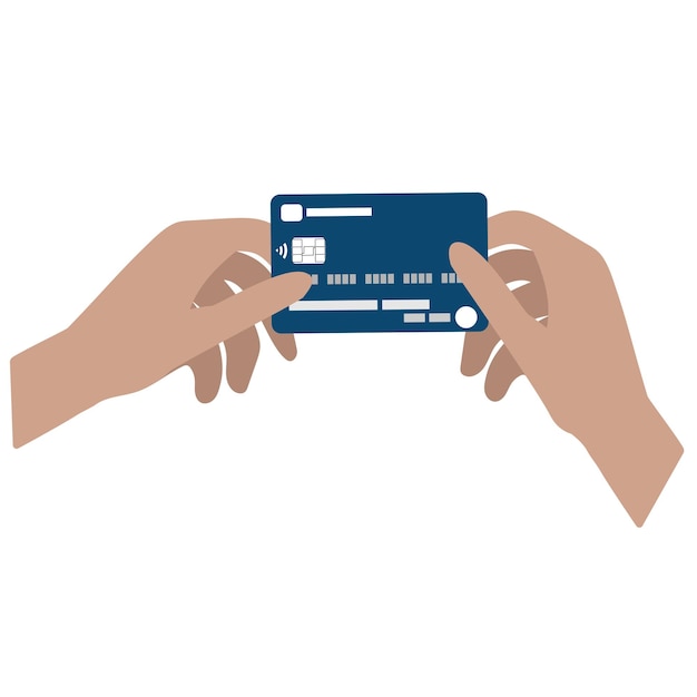 Vecteur carte de crédit bleue dans des mains humaines isolées sur blanc contacter moins de paiement en ligne commander des finances personnelles