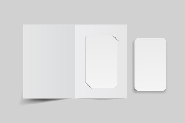 Carte de crédit réaliste en plastique 3D et mockup de dépliant à deux volets ouvert isolé