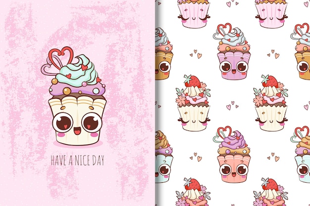 Carte de cupcakes kawaii mignon et modèle sans couture