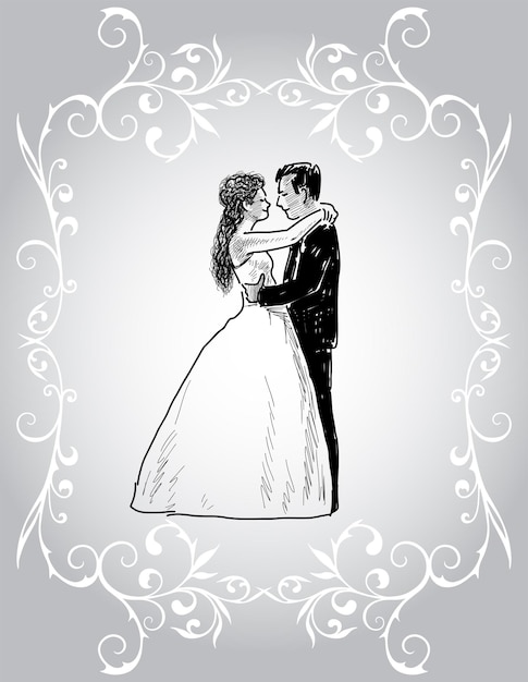 Vecteur carte décorative de vecteur avec des jeunes mariés heureux dans un cadre ornemental