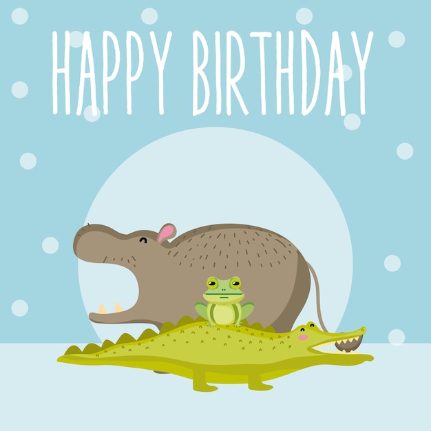 Vecteur carte de dessin animé mignon animaux joyeux anniversaire carte