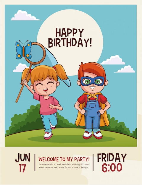 Carte De Dessins Animés De Joyeux Anniversaire Enfants Mignons