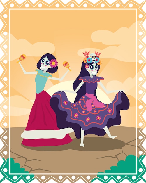 Vecteur carte dia de los muertos avec des catrinas jouant des personnages de maracas