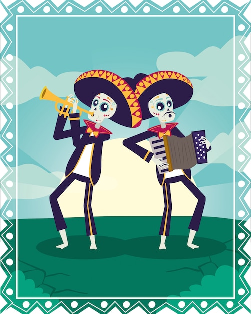 Carte Dia De Los Muertos Avec Des Crânes De Mariachis Jouant De La Trompette Et De L'accordéon