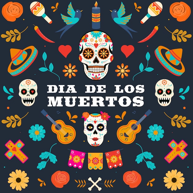 Carte Dia de los muertos avec fleurs mexicaines colorées