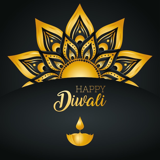 Carte De Diwali Heureux Avec Bougie Diya Et Mandala D'or