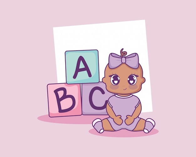 Vecteur carte de douche de bébé avec des blocs fille et alphabet