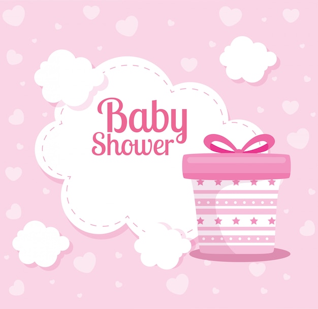 Carte de douche de bébé avec boîte-cadeau et nuages