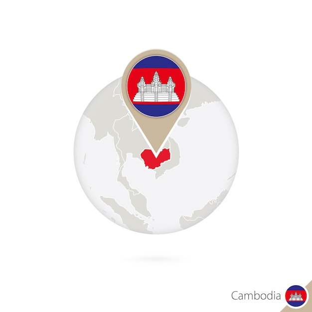 Carte et drapeau du Cambodge en cercle. Carte du Cambodge, épinglette du drapeau du Cambodge. Carte du Cambodge dans le style du globe. Illustration vectorielle.