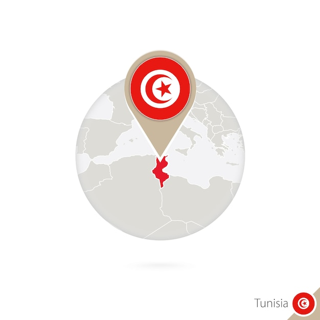 Carte Et Drapeau De La Tunisie En Cercle. Carte De La Tunisie, épinglette Du Drapeau De La Tunisie. Carte De La Tunisie Dans Le Style Du Globe. Illustration Vectorielle.