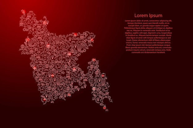 Carte du Bangladesh à partir d'icônes d'étoiles rouges et brillantes ensemble de concept d'analyse SEO ou de développement, entreprise. Illustration vectorielle.