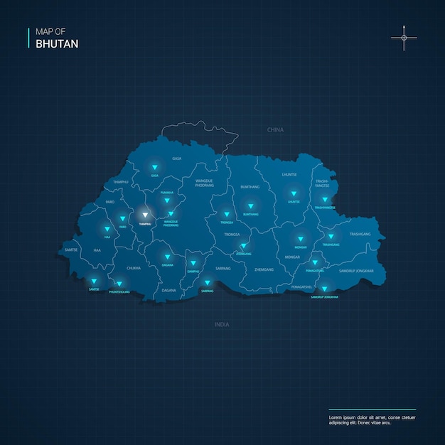 Carte Du Bhoutan Avec Des Points Lumineux Au Néon Bleu