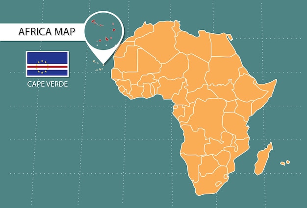 carte du cap-vert en Afrique icônes de la version zoom montrant l'emplacement et les drapeaux du cap-vert