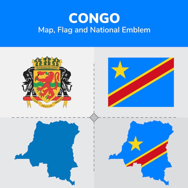 Vecteur carte du congo, drapeau et emblème national