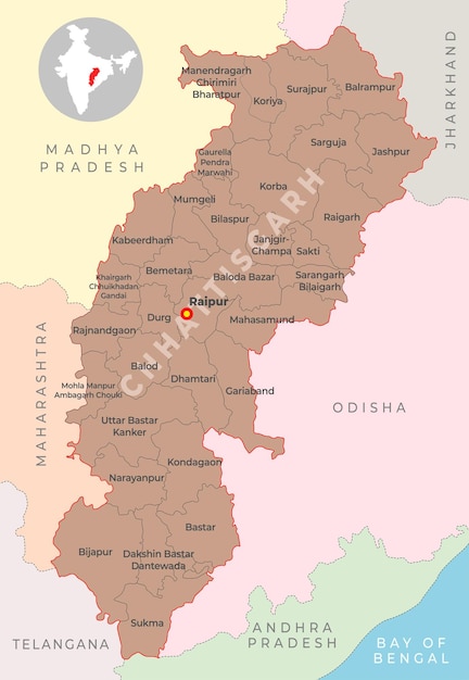 Vecteur carte du district de chhattisgarh avec l'état voisin