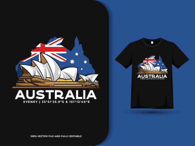 Carte Du Drapeau De L'australie Et Illustration De L'opéra De Sydney Sur La Conception De Tshirt