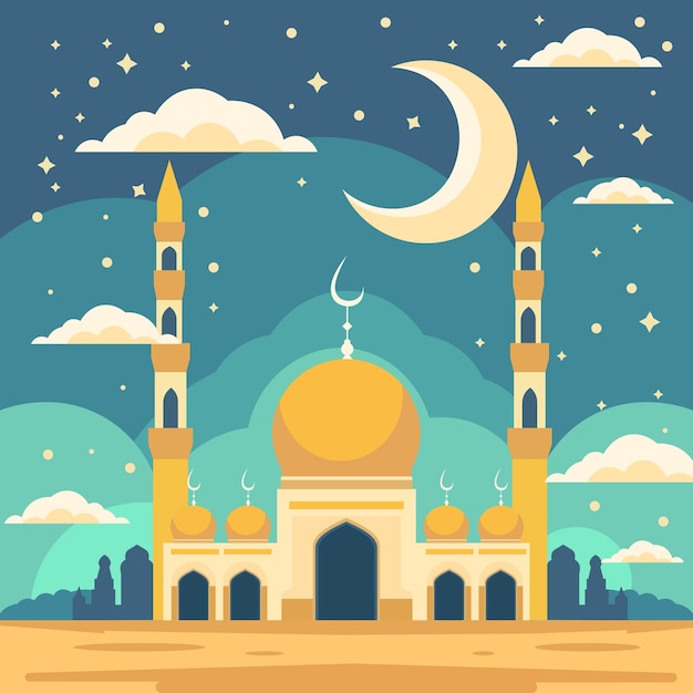 La Carte Du Festival Islamique De La Mosquée Et Du Grand Croissant De Lune Dans Le Ciel Nocturne