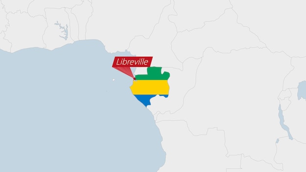 Carte Du Gabon Mise En évidence Dans Les Couleurs Du Drapeau Du Gabon Et épingle De La Capitale Du Pays Libreville