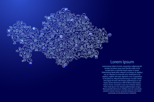 Carte du Kazakhstan à partir d'icônes d'étoiles bleues et brillantes ensemble de concept d'analyse SEO ou de développement, entreprise. Illustration vectorielle.