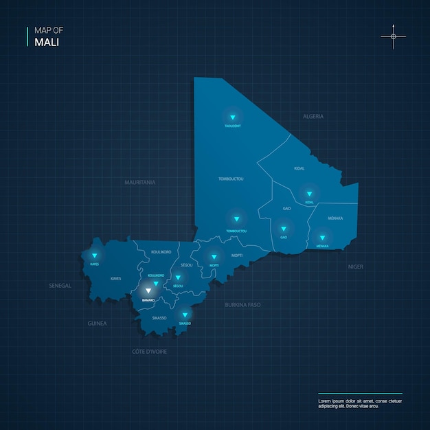 Carte Du Mali Avec Des Points De Néon Bleu