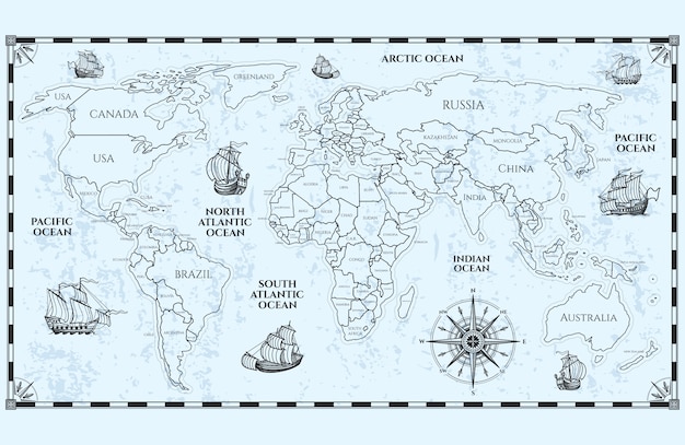 Vecteur carte du monde antique avec les frontières des pays et les navires