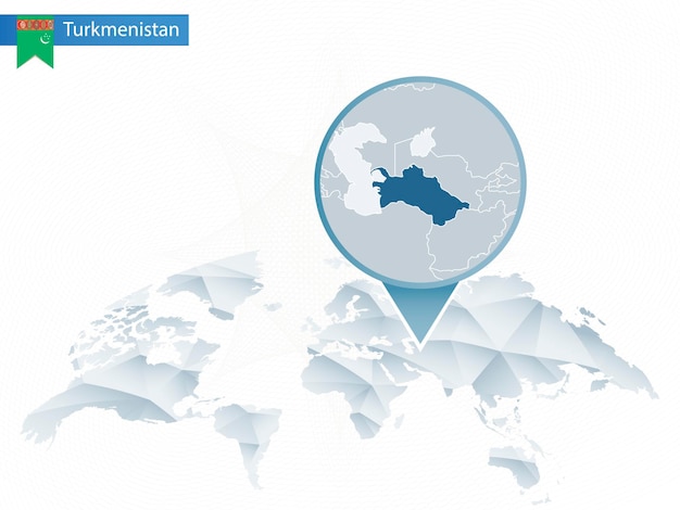 Vecteur carte du monde arrondie abstraite avec carte détaillée du turkménistan épinglée illustration vectorielle