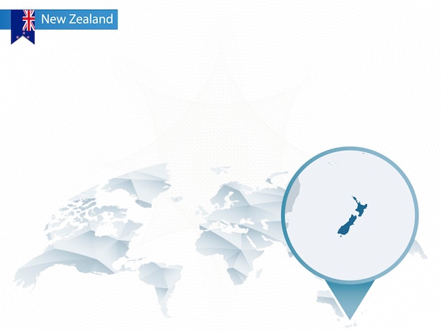 Vecteur carte du monde arrondie abstraite avec carte détaillée de nouvelle-zélande épinglée. illustration vectorielle.