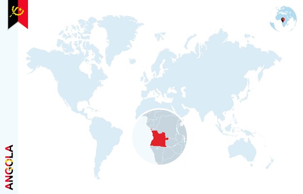 Carte du monde bleu avec loupe sur l'Angola