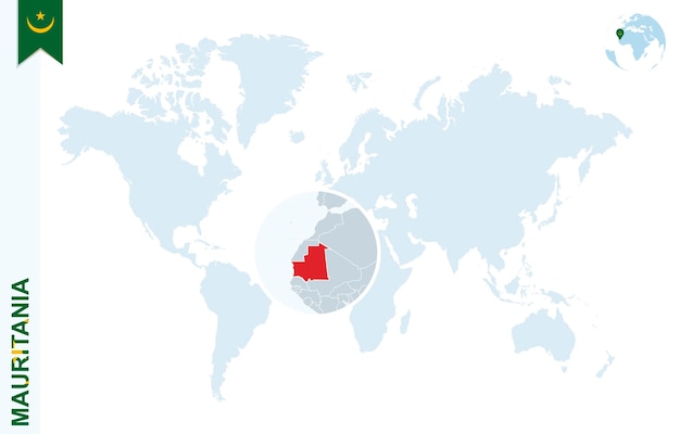 Carte Du Monde Bleu Avec Loupe Sur La Mauritanie