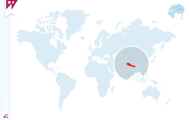 Vecteur carte du monde bleu avec loupe sur le népal