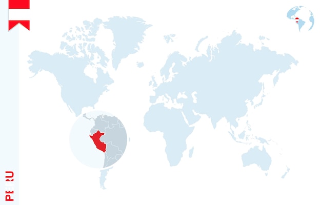 Vecteur carte du monde bleu avec loupe sur le pérou