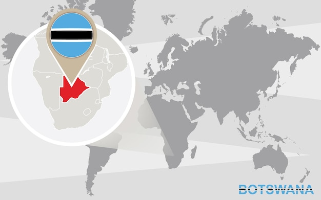 Vecteur carte du monde avec le botswana agrandi. drapeau et carte du botswana.