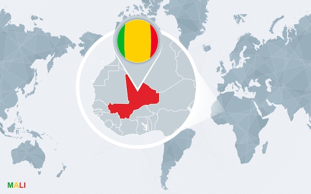 Vecteur carte du monde centrée sur l'amérique avec le mali agrandi