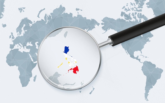 Vecteur carte du monde centrée sur l'asie avec une loupe sur les philippines focus sur la carte des philippines sur la carte du monde pacificcentric