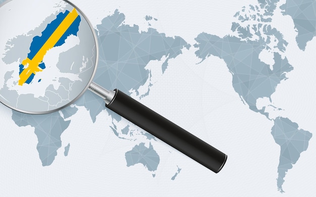 Carte Du Monde Centrée Sur L'asie Avec Une Loupe Sur La Suède Focus Sur La Carte De La Suède Sur La Carte Du Monde Pacificcentric