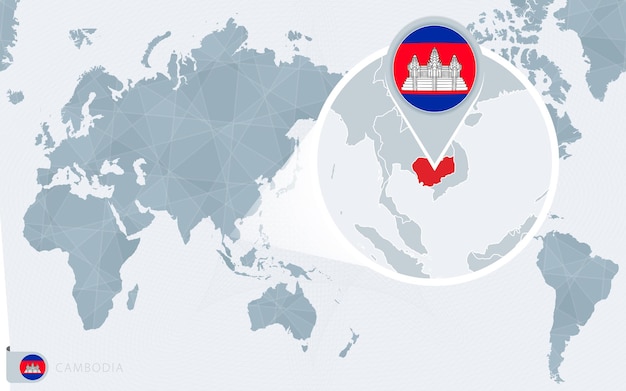 Vecteur carte du monde centrée sur le pacifique avec le cambodge agrandi. drapeau et carte du cambodge.