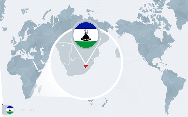 Carte Du Monde Centrée Sur Le Pacifique Avec Le Lesotho Agrandi. Drapeau Et Carte Du Lesotho.