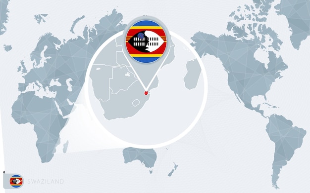 Carte Du Monde Centrée Sur Le Pacifique Avec Le Swaziland Agrandi. Drapeau Et Carte Du Swaziland.