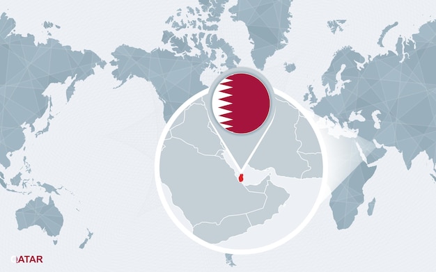 Carte du monde centrée sur le Qatar avec le Chili grossi