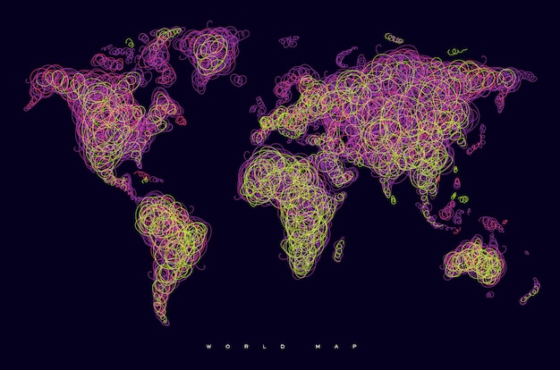 Vecteur carte du monde dessinant avec des lignes violettes et jaunes enchevêtrées sur fond noir