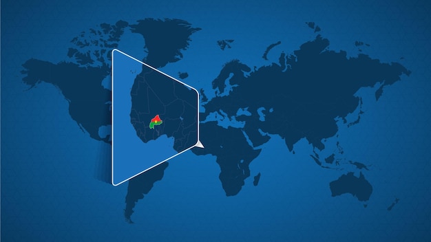 Carte du monde détaillée avec carte agrandie épinglée du Burkina Faso et des pays voisins. Drapeau et carte du Burkina Faso.