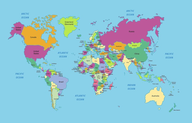 une carte du monde avec différents pays, y compris la carte du monde