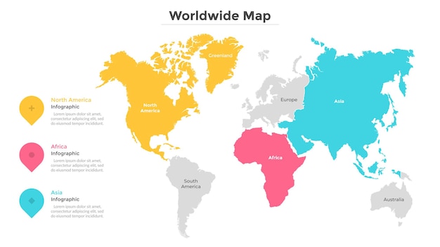 Carte Du Monde Divisée En états Ou Pays Avec Des Frontières Modernes. Indication Du Lieu De Voyage. Modèle De Conception Infographique. Illustration Vectorielle Pour L'examen Ou Le Rapport Des Statistiques, Site Web Touristique.