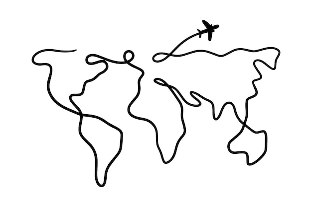 Carte Du Monde Doodle Ligne Minimale De Silhouette Continentale Mince Illustration Vectorielle