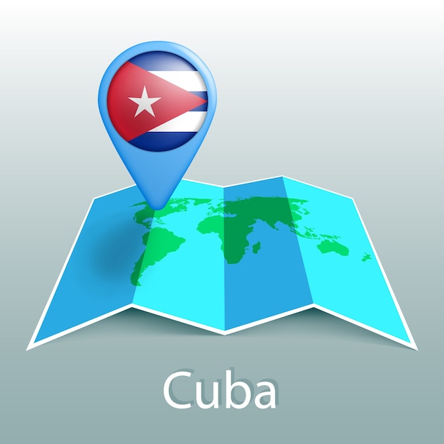 Carte du monde du drapeau de Cuba en broche avec le nom du pays sur fond gris