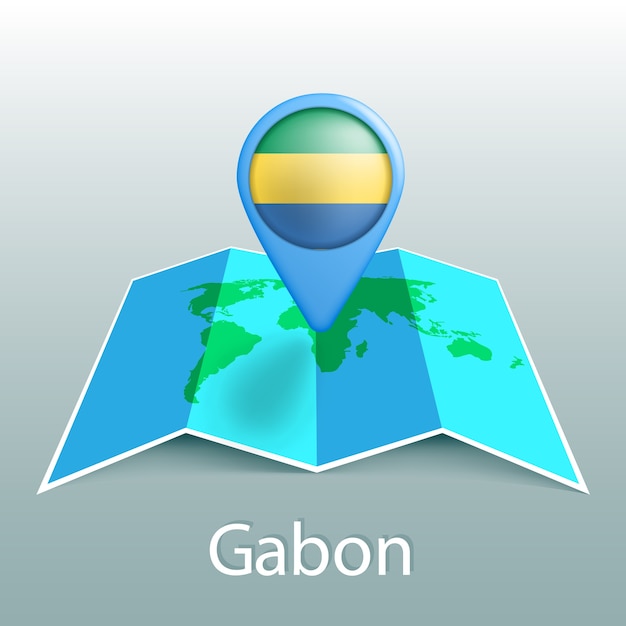 Carte Du Monde Du Drapeau Du Gabon En Pin Avec Le Nom Du Pays Sur Fond Gris