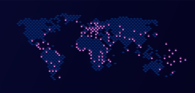 Vecteur carte du monde sur fond sombre avec des lumières ponctuelles