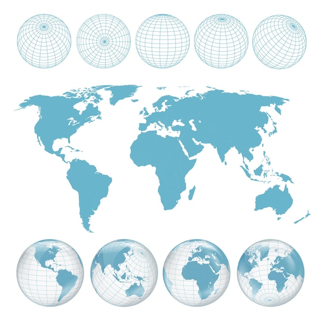 Carte du monde Icon de globe métallique configuré Sphère de la planète Terre configurée à partir de différentes vues
