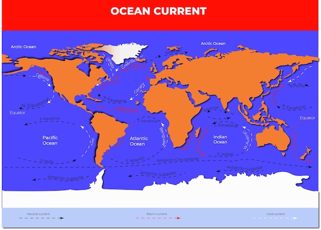 Vecteur une carte du monde illustration de l'océan actuel illustration géographique science affiche éducative